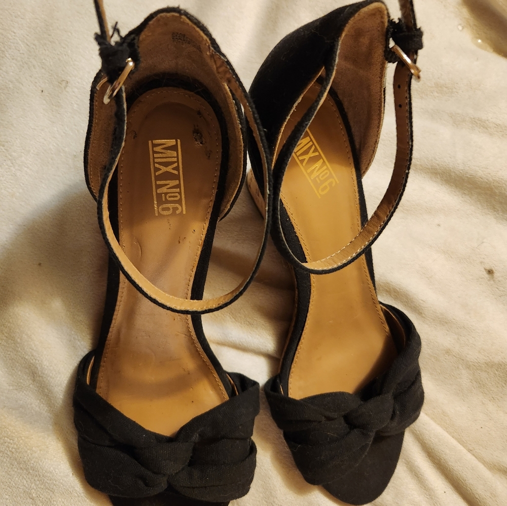 Womens Black Canvas Strappy Wedge Cork Heels Size 11 Cute!